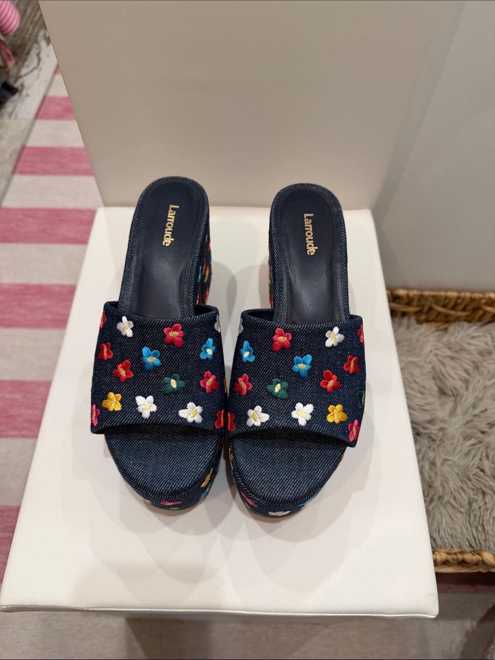 Larroude Navy Embroidered Floral Slide Mules